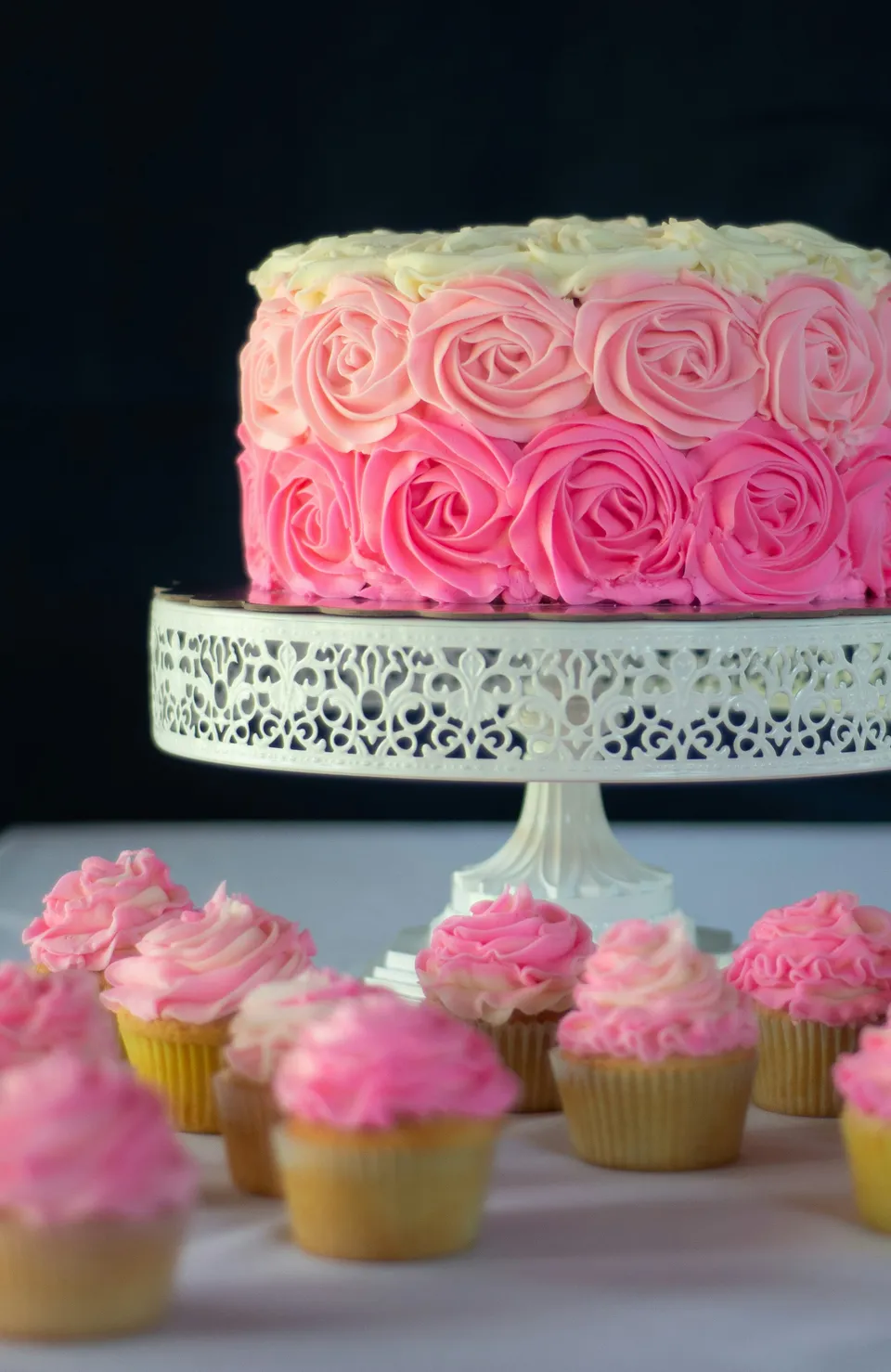 Pink buttercream rosette cake with matching cupcakes